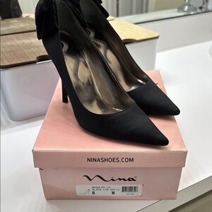 Nina Black Satin Heels with Bow Accent